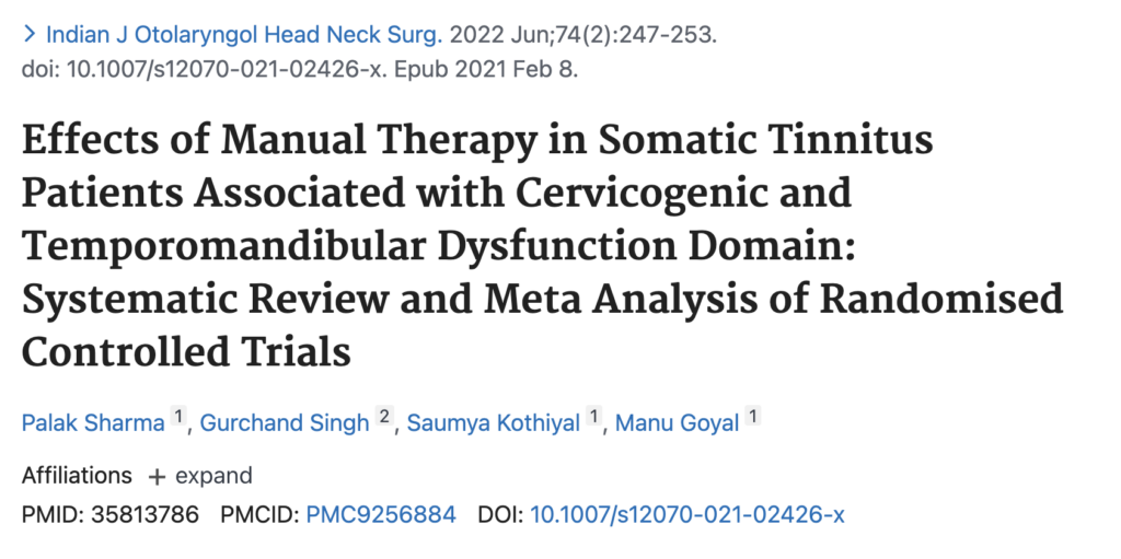 Effetti della terapia manuale nei pazienti con acufene somatico associato a disfunzione cervicogenica e temporomandibolare - revisione sistematica e meta-analisi di studi clinici randomizzati - 2022 - Blog Dr Luigi Pianese - Acufene somatico