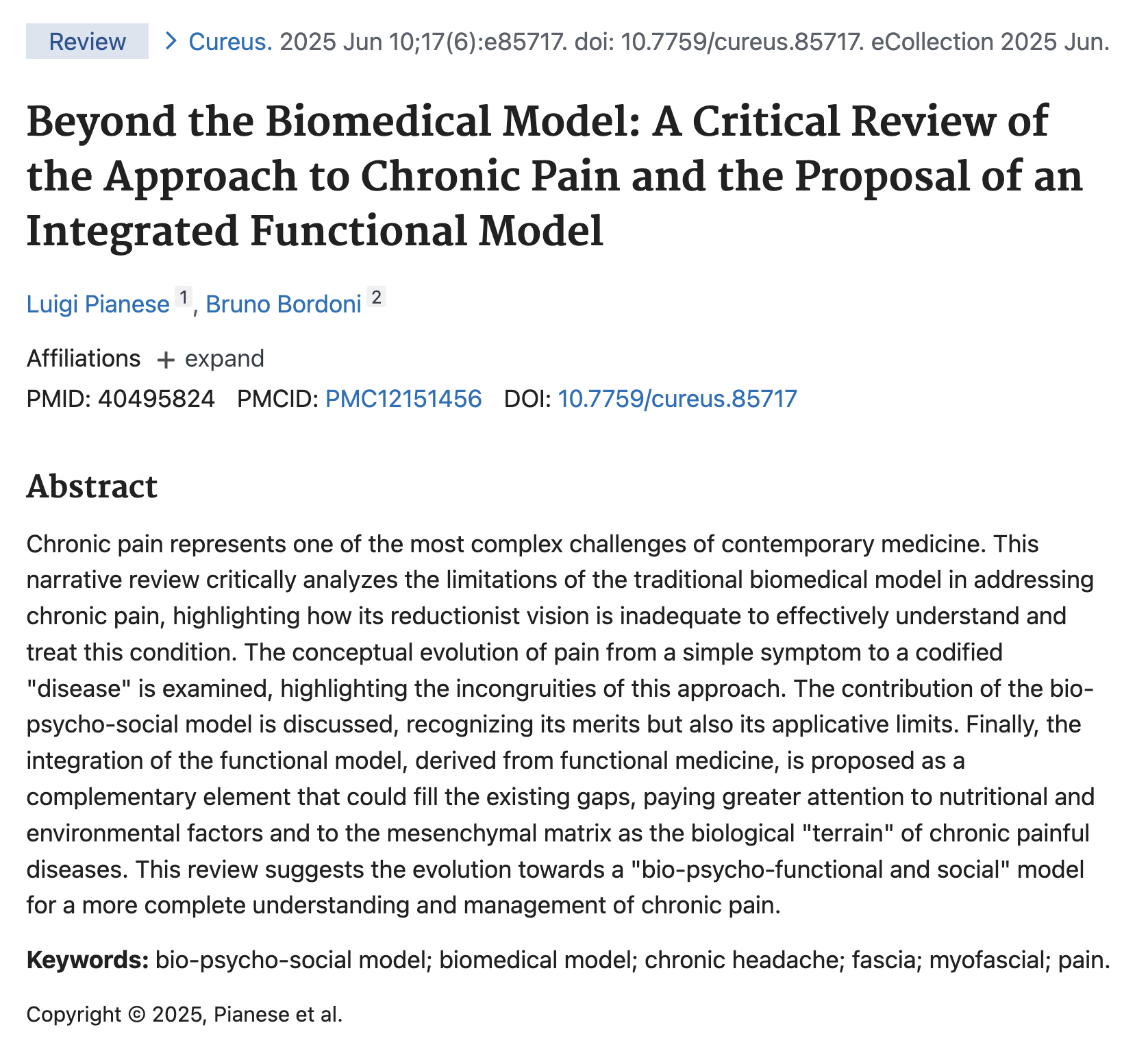 Dolore Cronico e Modello Funzionale - Pubmed - Dr Luigi Pianese